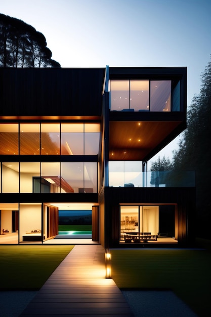 Big luxury modern house at dusk