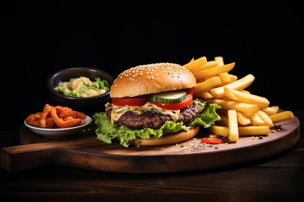 Big mac burger and potatoes sticks on a dark wooden board