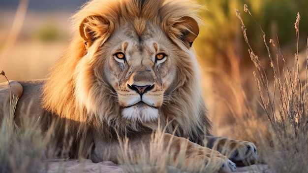 Большой мужской африканский лев Пантера лев лежит в траве Национальный парк Этоша Намибия Южная Африка
