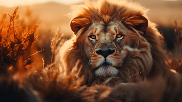 Big male lion lying on the grass