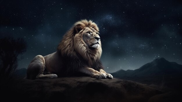 Big male lion in the starry skygenerative ai