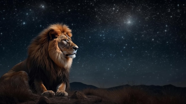 Photo big male lion in the starry skygenerative ai