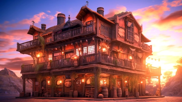 The big medieval fantasy tavern in a town with beautiful sunset sky scenery AI Generative