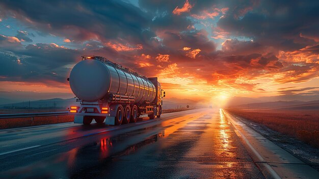 Photo big metal fuel tanker truck transporting fuel to oil refinery against sunset sky rear view