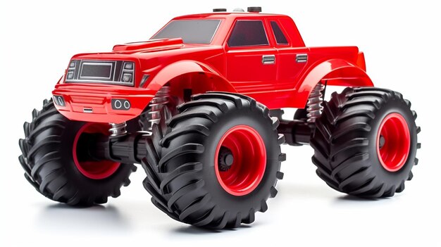 Big metal red toy car offroad with monster wheels isolate generative ai