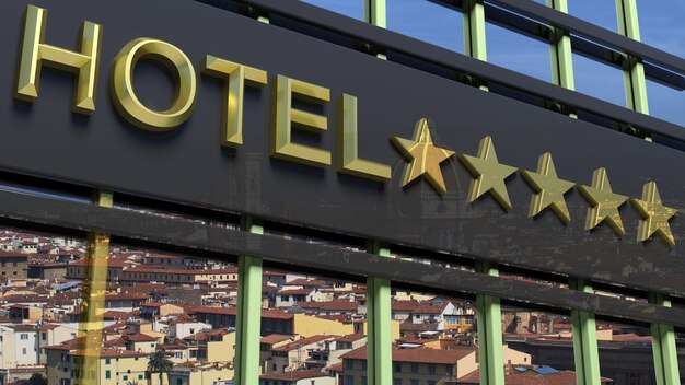 Big metallic glass hotel sign board with five golden stars and city view as background