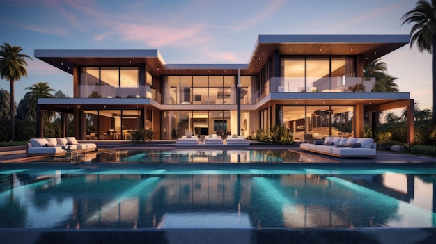Big modern house in California with big pool in the evening2