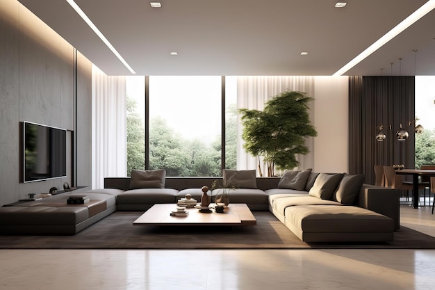 Photo big modern living room with high ceilings and low furniture