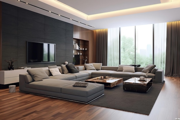 Photo big modern living room with high ceilings and low furniture