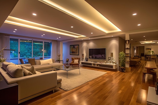 Big modern living room with wood floring and a warm color palette