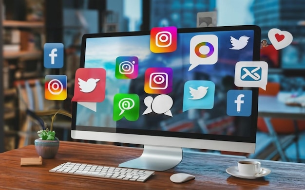 Foto grande schermo di monitor con varie icone dei social media visualizzate su di esso