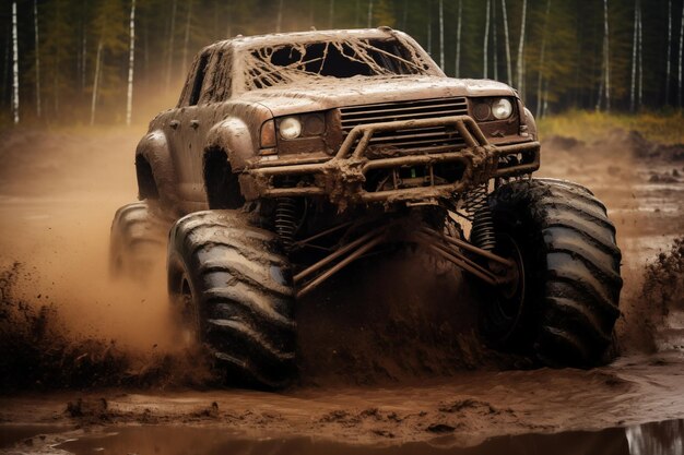 Big monster truck roaring through muddy obstacle course Generative AI