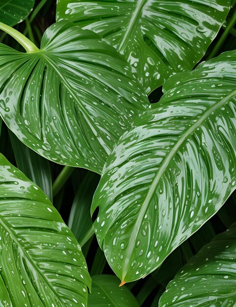 사진 물방울로 인 큰 몬스테라 잎 열대 식물과 가정 정원 개념
