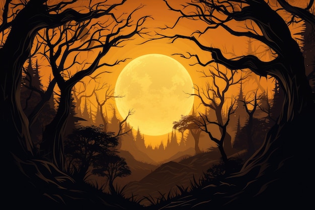 Big moon on the background of a dark forest Generative AI