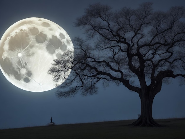 Big moon behind a dry tree