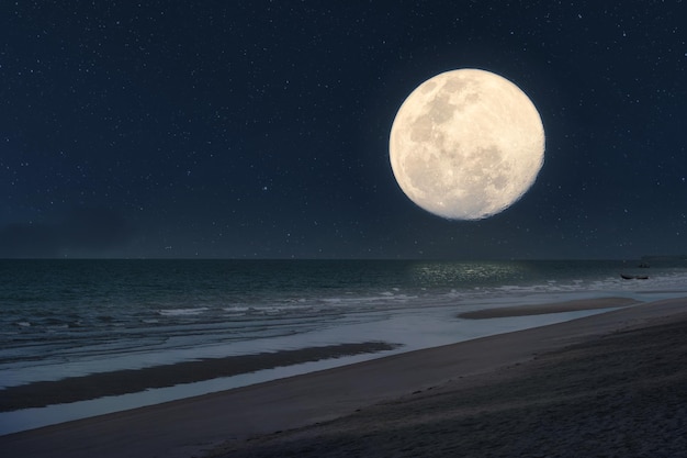 Big moon glowing over tropical sea and tranquil beach in summer