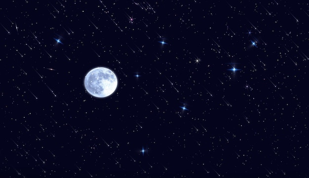 Photo big moon on night sky nebula and starr fall wind on blue lilac starry  cloudy background