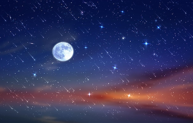 Photo big moon on night sky nebula and starr fall wind on blue lilac starry cosmic cloudy background