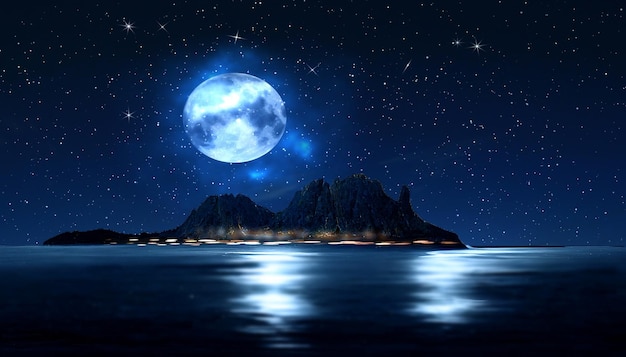 big moon on night starry sky at sea mountains on horizon nature background