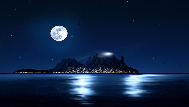 big moon on night starry sky at sea mountains on horizon nature background
