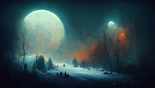 big moon on night starry sky winter forest snowy weather Christmas nature landscape  art abstract