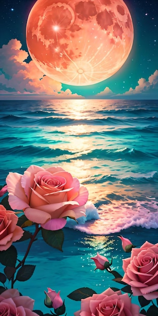 Big moon over sea and a pink rose