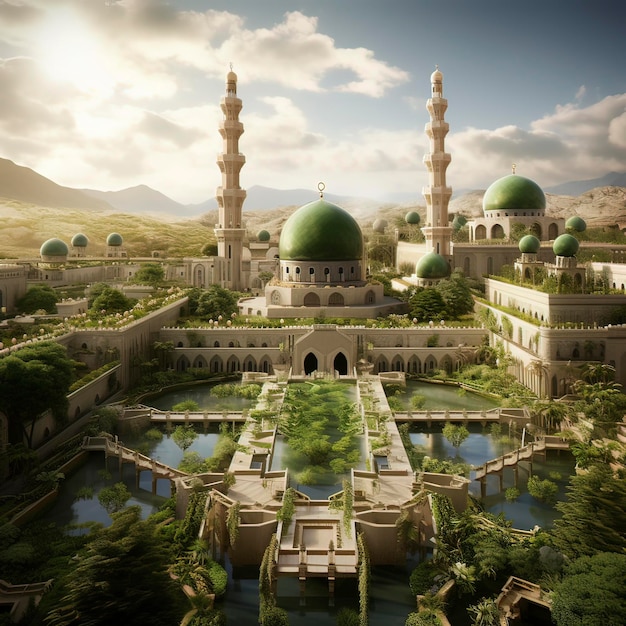 Big Mosque Worship Islamic Place Muslim Religion with Beautiful Nature Generative ai