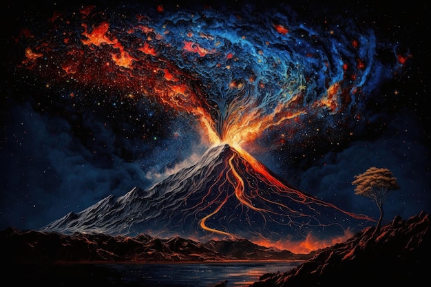 大きな山 天の川 星空 ポスト印象派風の抽象画 ジェネレーティブAI