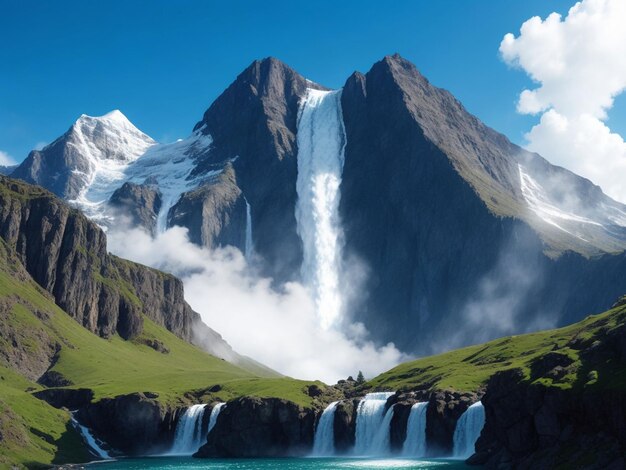 Big mountain with blue sky and waterfall