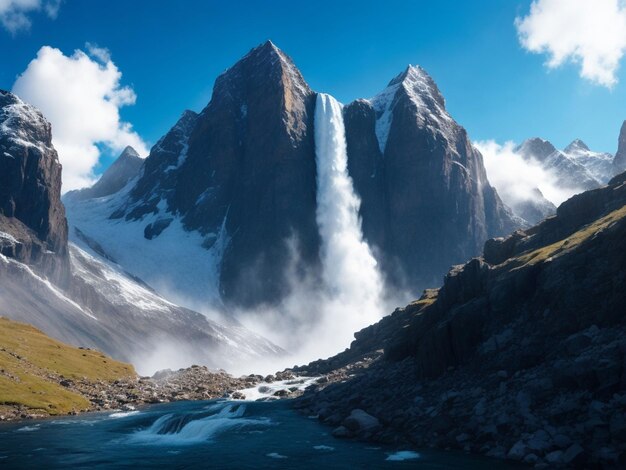 Big mountain with blue sky and waterfall