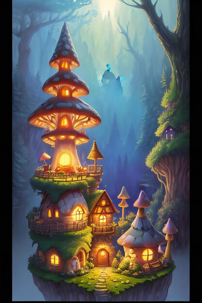 Big Mushroom House Fairy TaleNight Lights MagicRealistic illustrationa magical mountain village