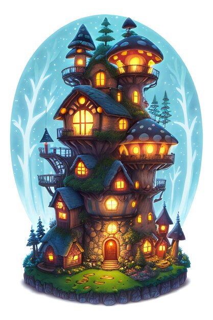 Photo big mushroom house fairy talenight lights magicrealistic illustrationa magical mountain village