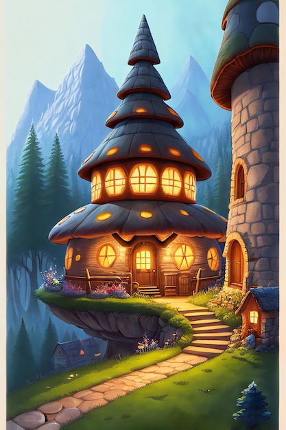 Foto big mushroom house fairy talenight lights magicrealistic illustrationa magisch bergdorp