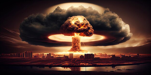 대형 핵폭발 버섯 구름 효과는 도시 스카이 라인 위에서 핵폭발의 종말적인 후유증을 위해 인공지능을 생성합니다.