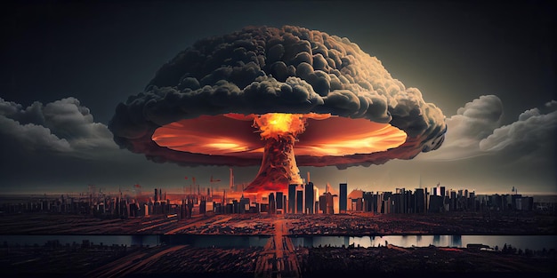 Big nuclear explosion mushroom cloud effect over city skyline for apocalyptical aftermath of nuclear attach AI Generated