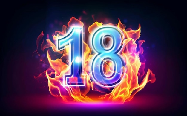 Big number 18 with neon lights and colorful flames in the background