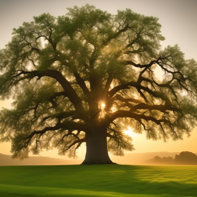 big oak tree on a beautiful sunset background