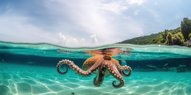 Big octopus swims near the surface of water
