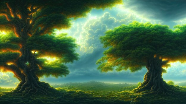 Big old fairy tree the trunk of a centuriesold tree of twining roots at sunset 3d illustration