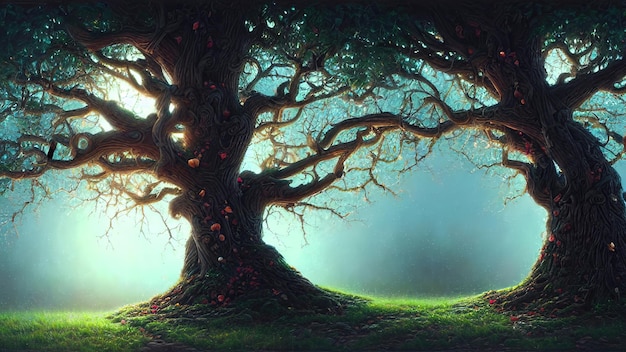 Foto grande vecchio albero delle fate il tronco di un albero secolare di radici intrecciate al tramonto illustrazione 3d