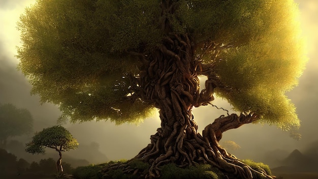 Grande vecchio albero delle fate il tronco di un albero secolare di radici intrecciate al tramonto illustrazione 3d