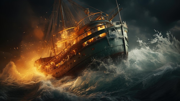 大きな波のある嵐の海の大きな古い船