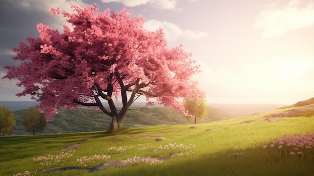 Foto grande vecchio albero con foglie rosa un tocco di primavera