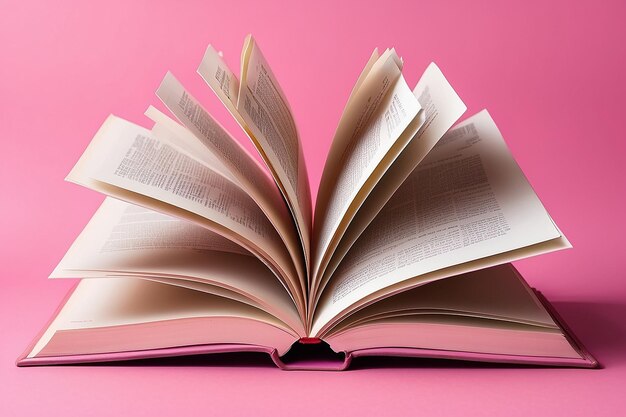 Foto grande libro aperto su sfondo rosa