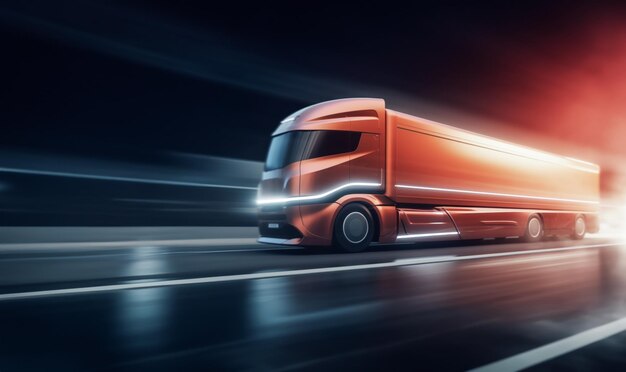 Big orange futuristic truck in motion Rides on asphalt neon glow