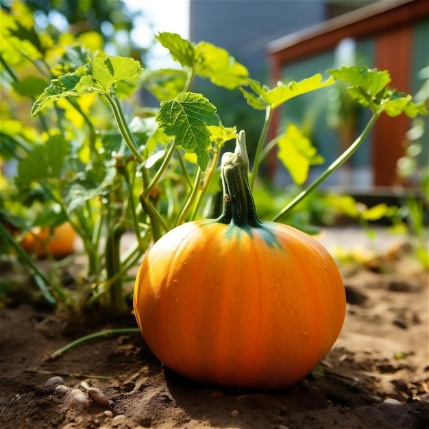 庭で育つ大きなオレンジ色のカボチャは有機野菜を収穫します