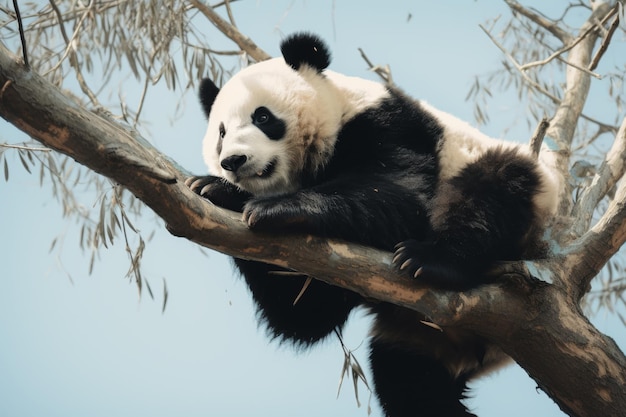 A big panda bear sitting on a tree branch isolated on blue sky background