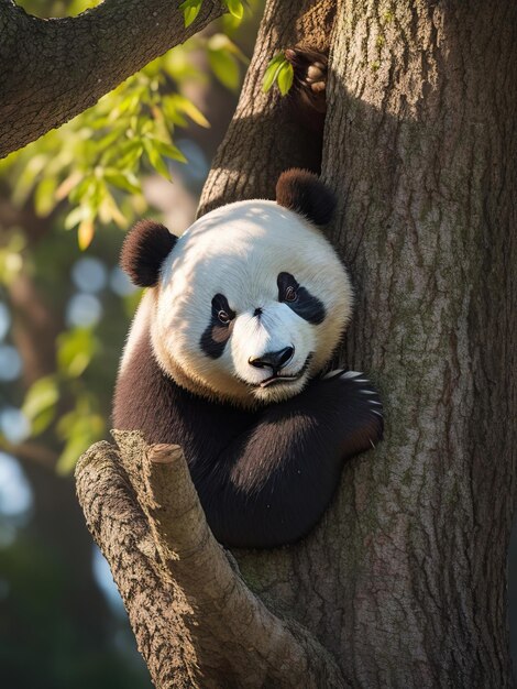 big panda bear on a tree in the forest