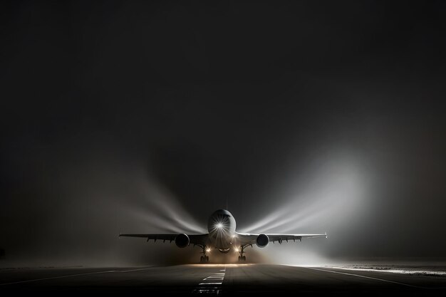 Photo big passenger airplane lands in airport at night neural network generated art