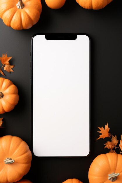 Big phone mock up blank screen on happy halloween pumpkins background